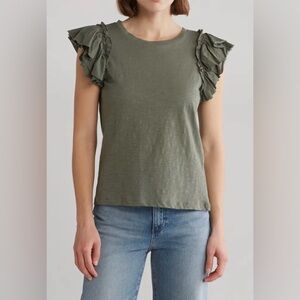 Nordstrom Industry Republic Double Flutter Sleeve Cotton Top-Olive Green-Size M